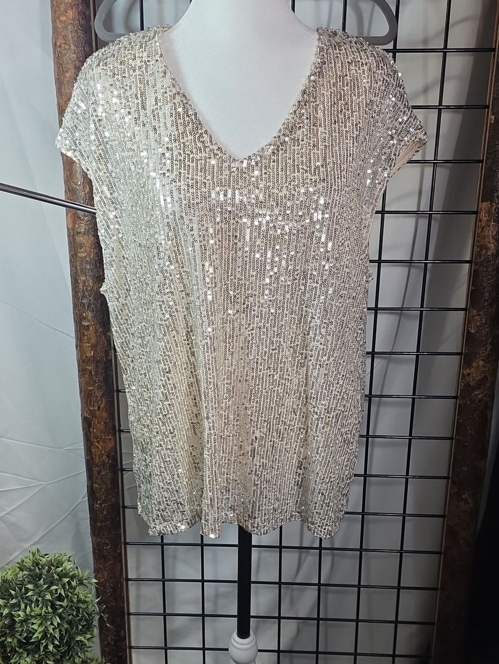 CeCe Champagne Sequin V-Neck Short Sleeve Top